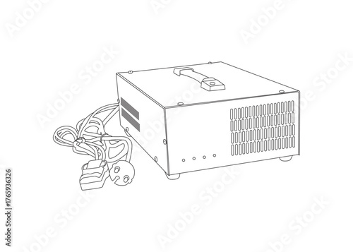 Industrial Battery Charger line art isolated on white background, durable metal body, and connected cables.
Ideal for automotive, industrial, or inverter battery charging applications.