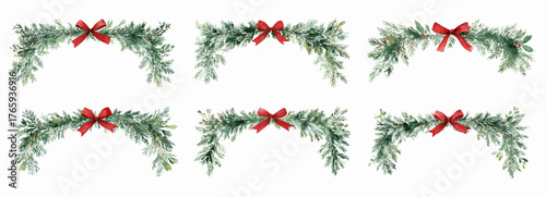 Watercolor set of vintage Christmas frames. Christmas divider made of green fir tree branches decorated with holly and red bow. Retro frames for Christmas designs, greetings, texts, etc. 
