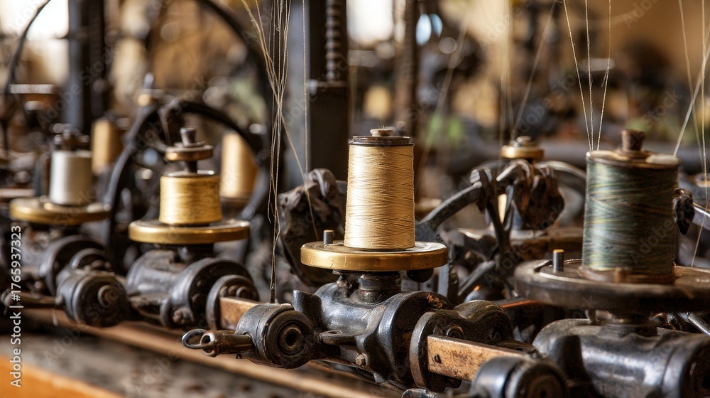 Fototapeta premium A row of old fashioned sewing machines with different colored threads
