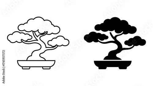 Vector art of bonsai tree in pot vector icon set, outline and glyph style, japanese miniature tree in a container