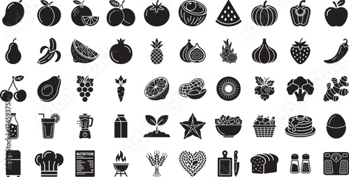 Solid Food and Nutrition Glyph Icons Set - Health, Fruits, Vegetables, and Kitchen Flat Black Symbols