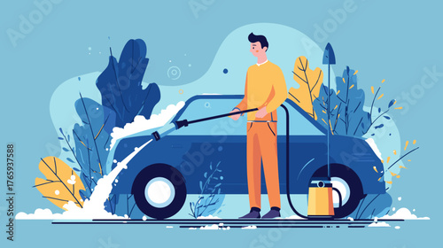 flat vector illustration of a man cleaning a car using a pressure washer. the design style is flat, with simple elements, flat color blocks, bright colors, a simple background. Cleaning a car using eq