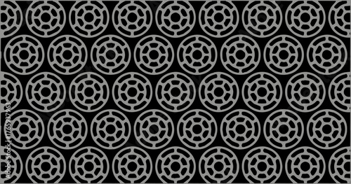 Black circular pattern on dark gray background forming abstract geometric floral texture.