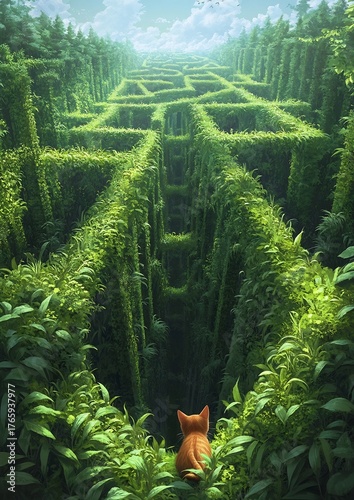 Feline Exploring the Enchanted Verdant Maze with Whimsical Pathways and Flourishing Foliage