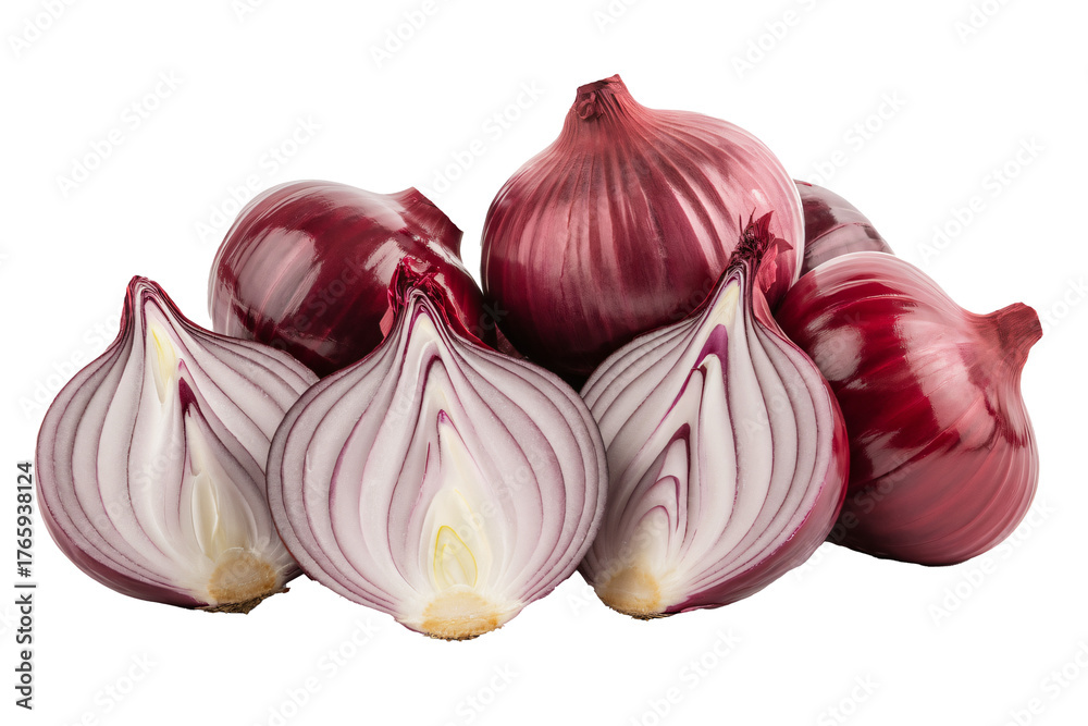 Obraz premium Fresh red onions with outer skin intact, Organic purple onions arranged together
