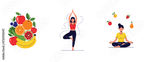 Set of Healthy Lifestyle and Wellness Vector Illustrations, Fruits Nutrition and Women Practicing Yoga, Flat Diet and Fitness Graphics.