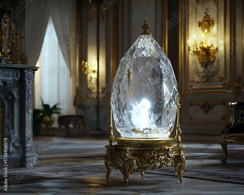 Diminutive Fairy Spirit Confined within Ornate Crystal Lamp in Neoclassical Manor Interior