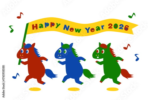 2026年午年のポップな馬の年賀状（旗を持つ3頭の馬）