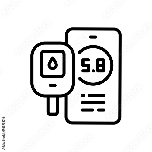 Smartphone blood glucose meter with mobile app. Blood sugar monitoring system outline icon isolated on white background flat vector illustration.