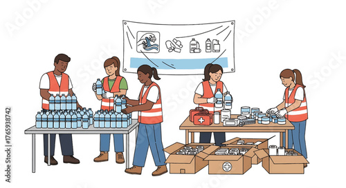 People in orange vests preparing disaster relief supplies, including bottled water and boxes, in a warehouse with a tsunami response banner.