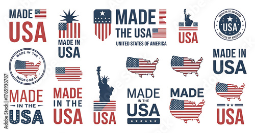 Made in USA badges. Patriot proud label stamp, American flag and national symbols, United States of America patriotic emblems vector set. US product stickers, national independence day 4th july badges