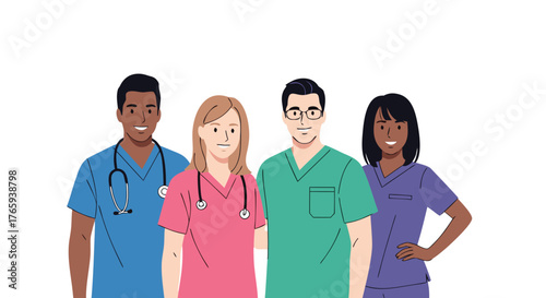 Diverse group of medical professionals in scrubs and stethoscopes, representing healthcare and teamwork, isolated on a white background