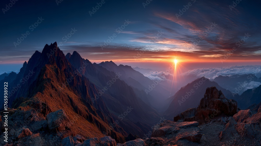 Naklejka premium Heavenly morning light shining over misty mountain horizon.