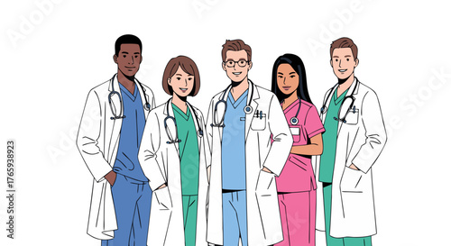 Diverse Group of Medical Professionals Standing Together in a Confident Line, Representing Healthcare Teams and Medical Expertise