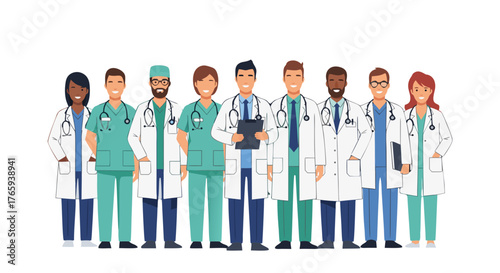 A diverse group of healthcare professionals, including doctors and nurses, standing together, showcasing teamwork and medical expertise in a modern clinic setting