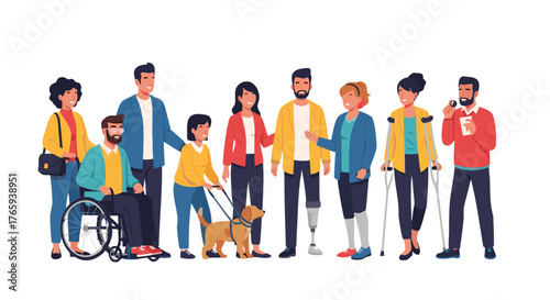 Diverse group of people with disabilities and their companions standing together, representing inclusion and unity