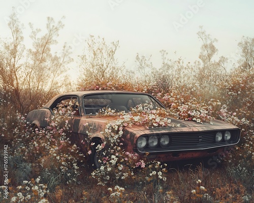 Rusted Vintage Car Enveloped in Delicate Floral Arrangements in Remote Rural Landscape