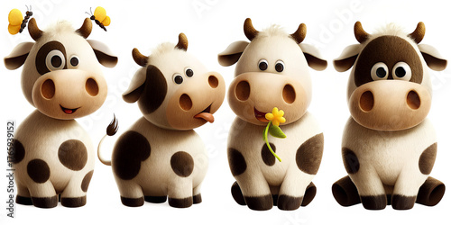 PNG Cute cartoon cows with flowers, element set on transparent background