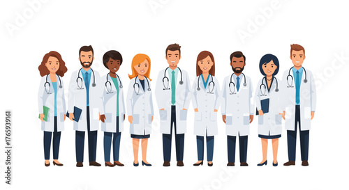 Diverse group of medical professionals standing together, embodying teamwork and healthcare expertise with a focus on patient care and well-being