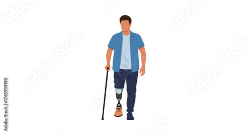 Man with a prosthetic leg walking with a cane, representing disability, rehabilitation, and overcoming challenges with determination