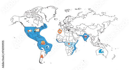 A world map with highlighted regions affected by tsunami and disaster, featuring blue and orange markings on a white background.