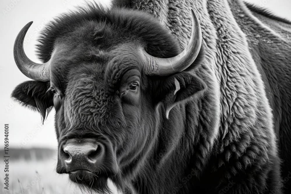 Naklejka premium Majestätischer Bison in der Wildnis – Nahaufnahme eines kräftigen Tieres auf einer weiten Ebene