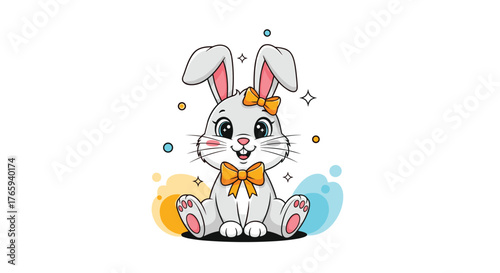 Cute cartoon bunny with a bow sitting and smiling happily.