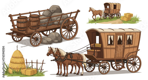 Vintage horse-drawn carriages and wagons transporting goods and passengers.