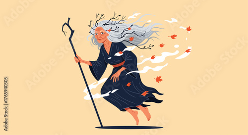 Mystical woman with flowing hair and staff in ethereal pose.