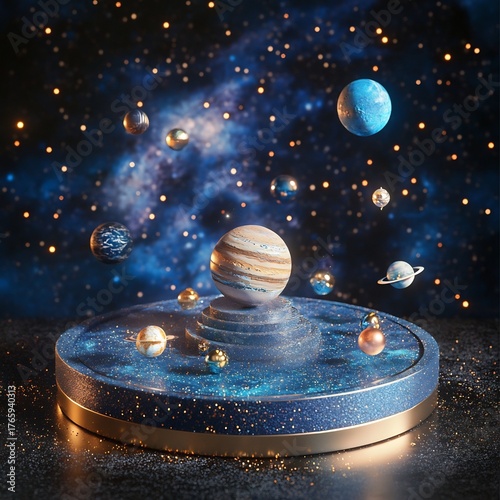 Cosmic Podium Adorned with Miniature Planets and Glimmering Stars Against Galactic Backdrop