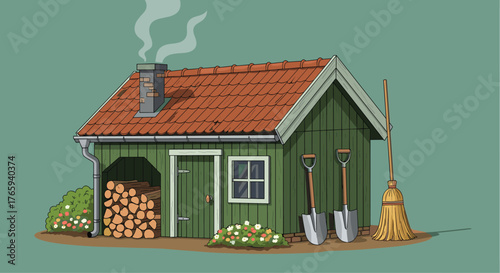 Green shed with red roof and tools, firewood storage, smoke from chimney.