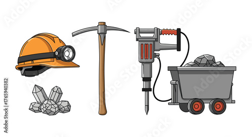 Mining equipment illustration featuring helmet pickaxe jackhammer and cart.