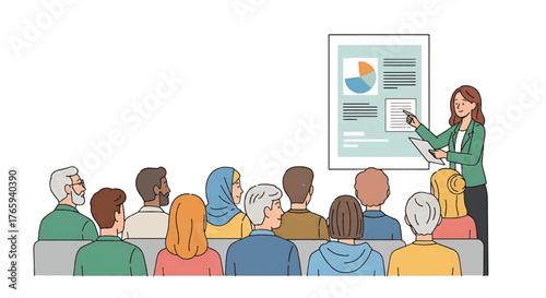 A woman presents a disaster preparedness plan to a diverse group of people in a meeting with a presentation on a screen displaying a tsunami warning