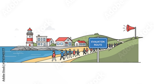 Illustration of people walking along a coastal path with a lighthouse and buildings in the background, a sign in the foreground, conveying a sense of