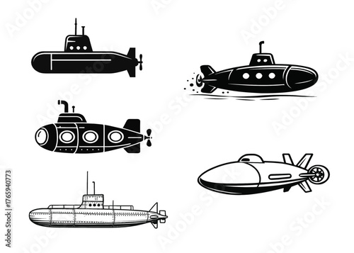 A comprehensive collection of diverse black and white vector submarine illustrations, showcasing various designs of underwater vessels, ideal for naval themes, military graphics, ocean exploration