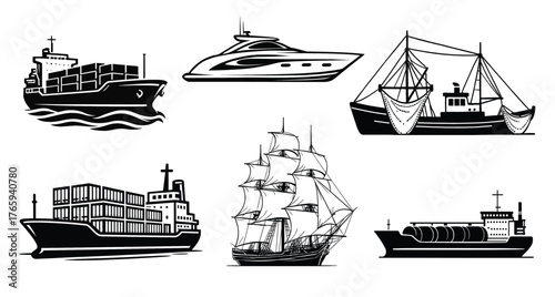 Monochrome vector art of six distinct marine vessels: a modern cargo container ship, a sleek luxury yacht, a commercial fishing trawler, a classic tall sailing ship, an industrial tanker