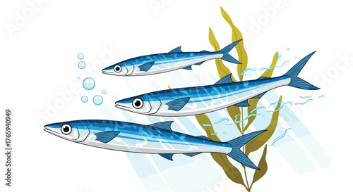 Three blue fish swimming together in the ocean water.