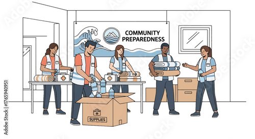 Diverse group of people preparing disaster relief supplies in a community center with a tsunami warning sign.