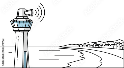 Line drawing of a lighthouse emitting a signal near a coastal town during a tsunami warning disaster.