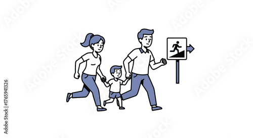 A family with a child running to a crosswalk sign, conveying a sense of urgency before a tsunami disaster.