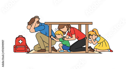 Family taking cover under a wooden table during a tsunami disaster with a first aid kit nearby