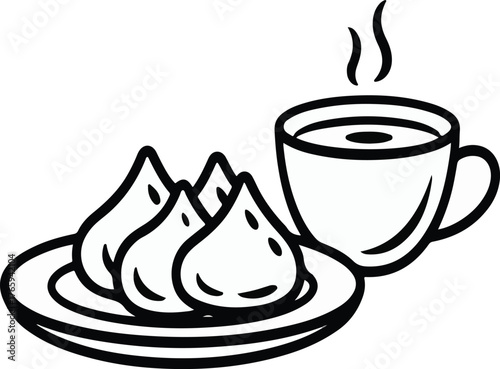 Samosa plate with hot tea in hand-drawn illustration