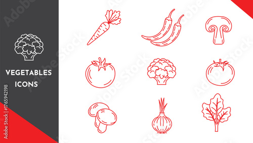 Vegetables Icons Set Collection: Carrot, Chili, Mushroom, Tomato, Broccoli and More