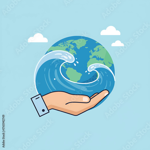 Illustration of a hand cradling the Earth with a tsunami wave, clouds in the background, conveying a sense of environmental disaster.