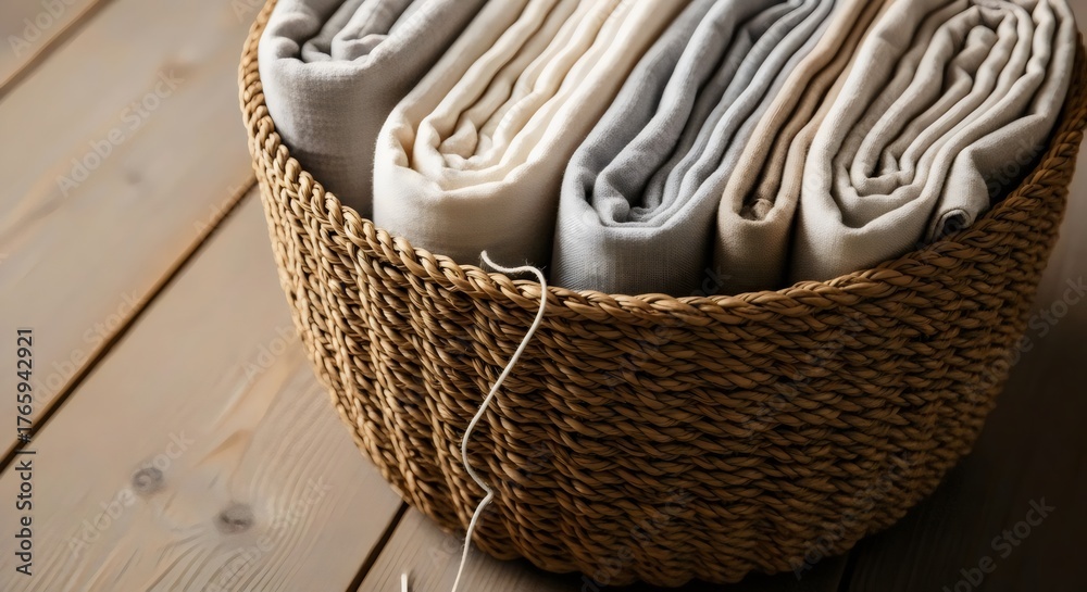 Obraz premium Eco-conscious interior design with woven basket and neutral sustainable linens
