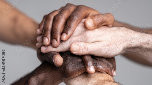 Diverse hands of african and caucasian people united in solidarity and support. International Men's Day