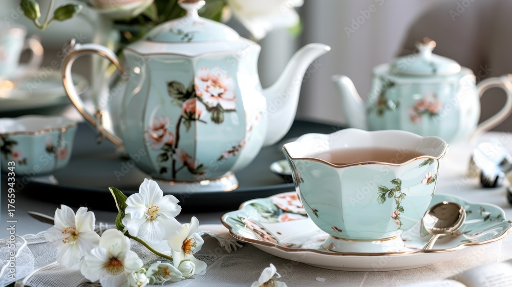 Fototapeta premium Elegant floral tea set with delicate flowers and mint green design
