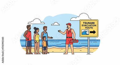 Illustration of a lifeguard guiding a diverse family along a tsunami evacuation route on a beach with a clear blue sky.