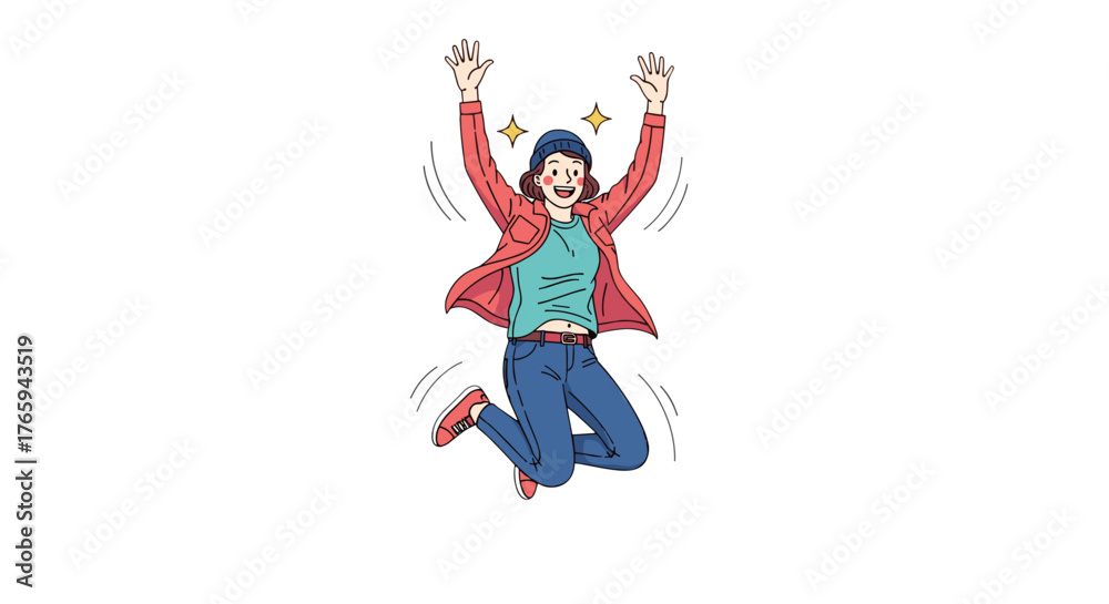 Obraz premium Woman with beanie jumping with hands raised in the air with sparkle effects around her head in happiness