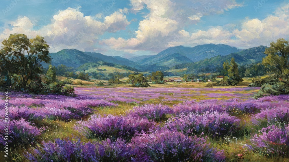 Obraz premium Lavender fields in bloom with mountain backdrop and expansive sky